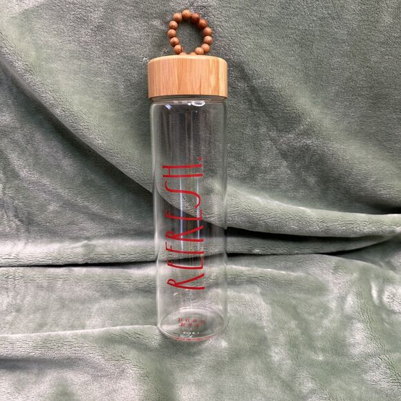 Rae Dunn "Refresh" 20 Oz Clear Hydration Bottle Bamboo Lid Beaded Handle Red - Picture 1 of 3